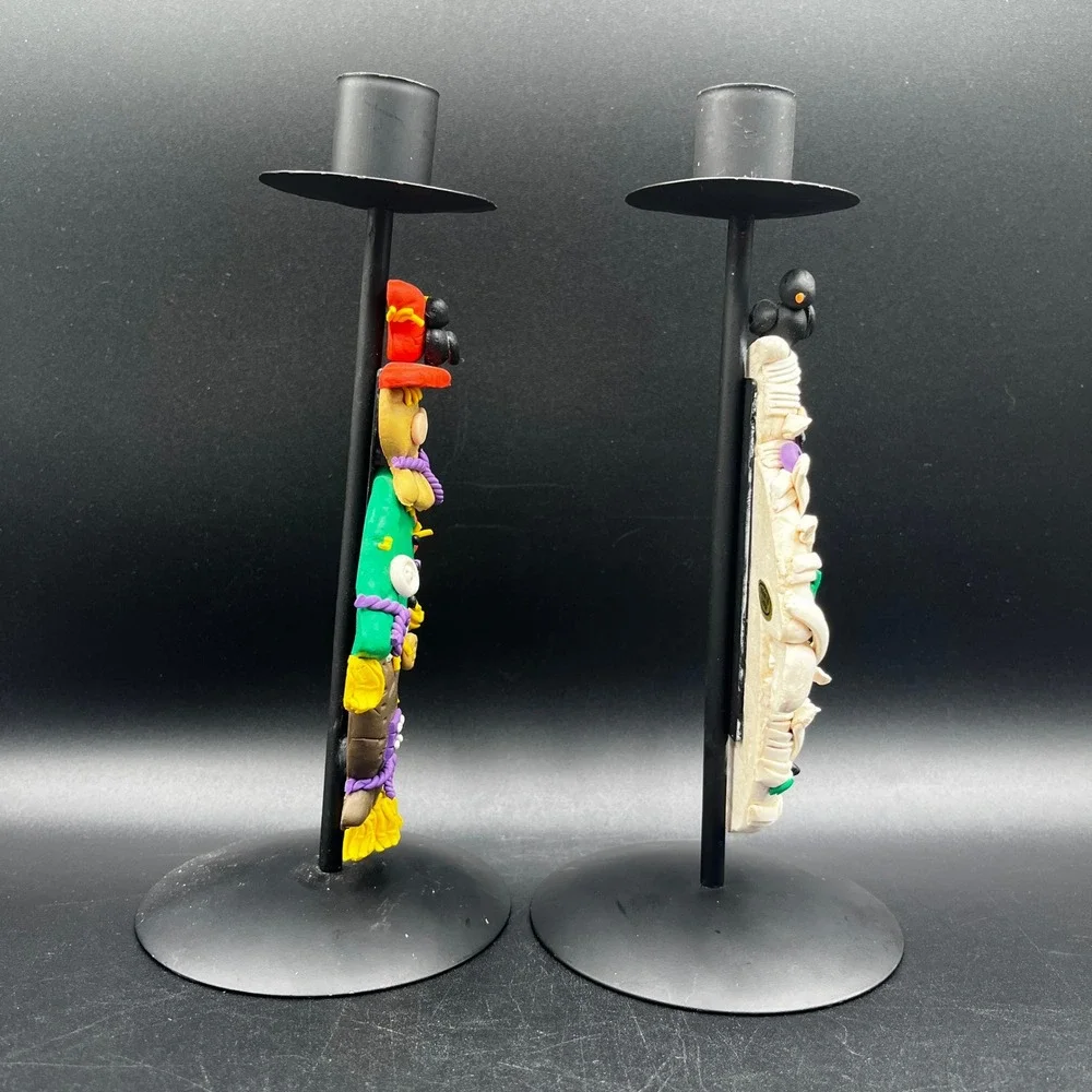 Scarecrow & Mummy Pair Of Halloween‎ Decor Black Metal Candle Holders Clay 8.5